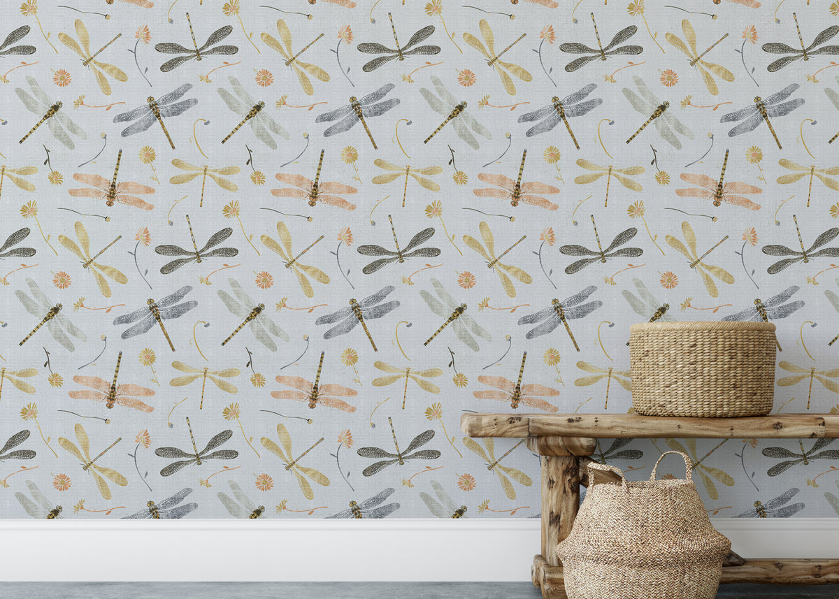 Dragonfly Damselfly Golden Gray wallpaper as a full-wall mural behind a rustic wood bench and seagrass baskets