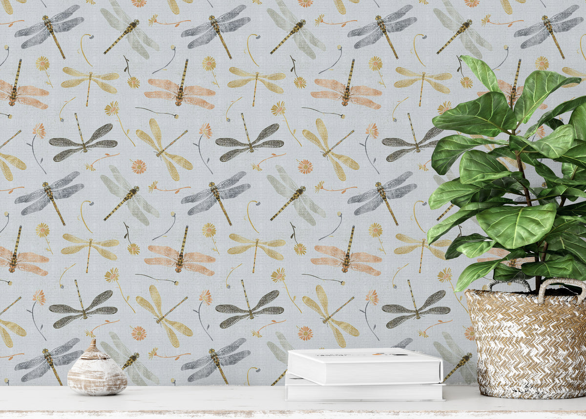 Dragonfly Damselfly Golden Gray wallpaper behind a white shelf with a fiddle-leaf fig in a woven basket