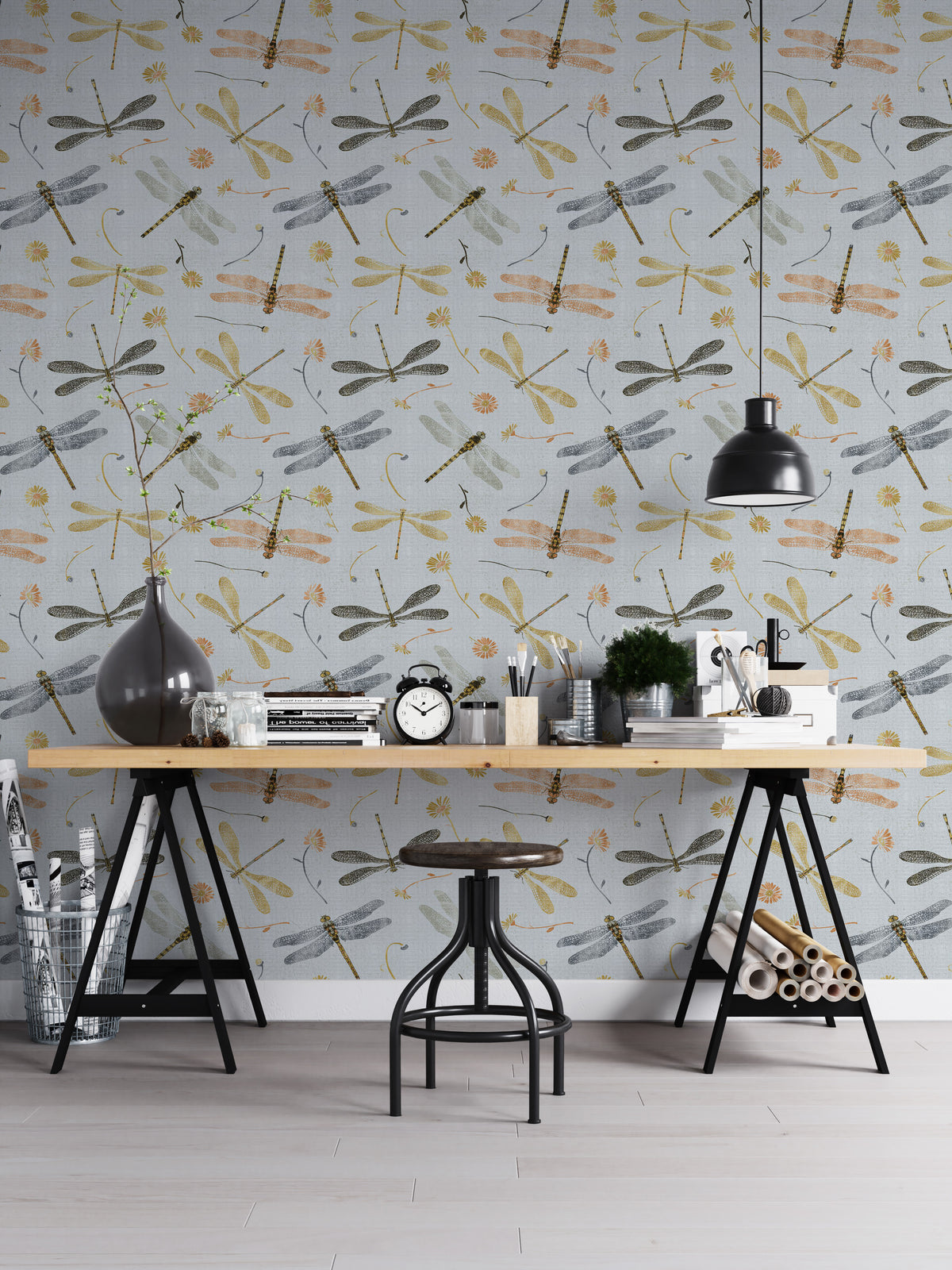 Dragonfly Damselfly Golden Gray wallpaper in a home office with a wood trestle desk and black pendant lamp