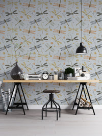 Dragonfly Damselfly Golden Gray wallpaper in a home office with a wood trestle desk and black pendant lamp