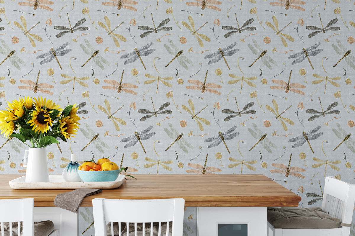 Dragonfly Damselfly Golden Gray wallpaper in a dining room with sunflowers and oranges on a wood table