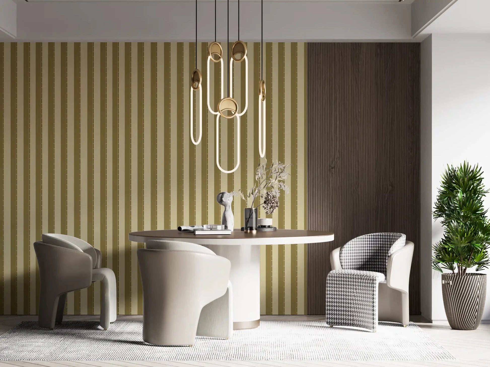 Minimalist gold linear wallpaper on white background for dining area.