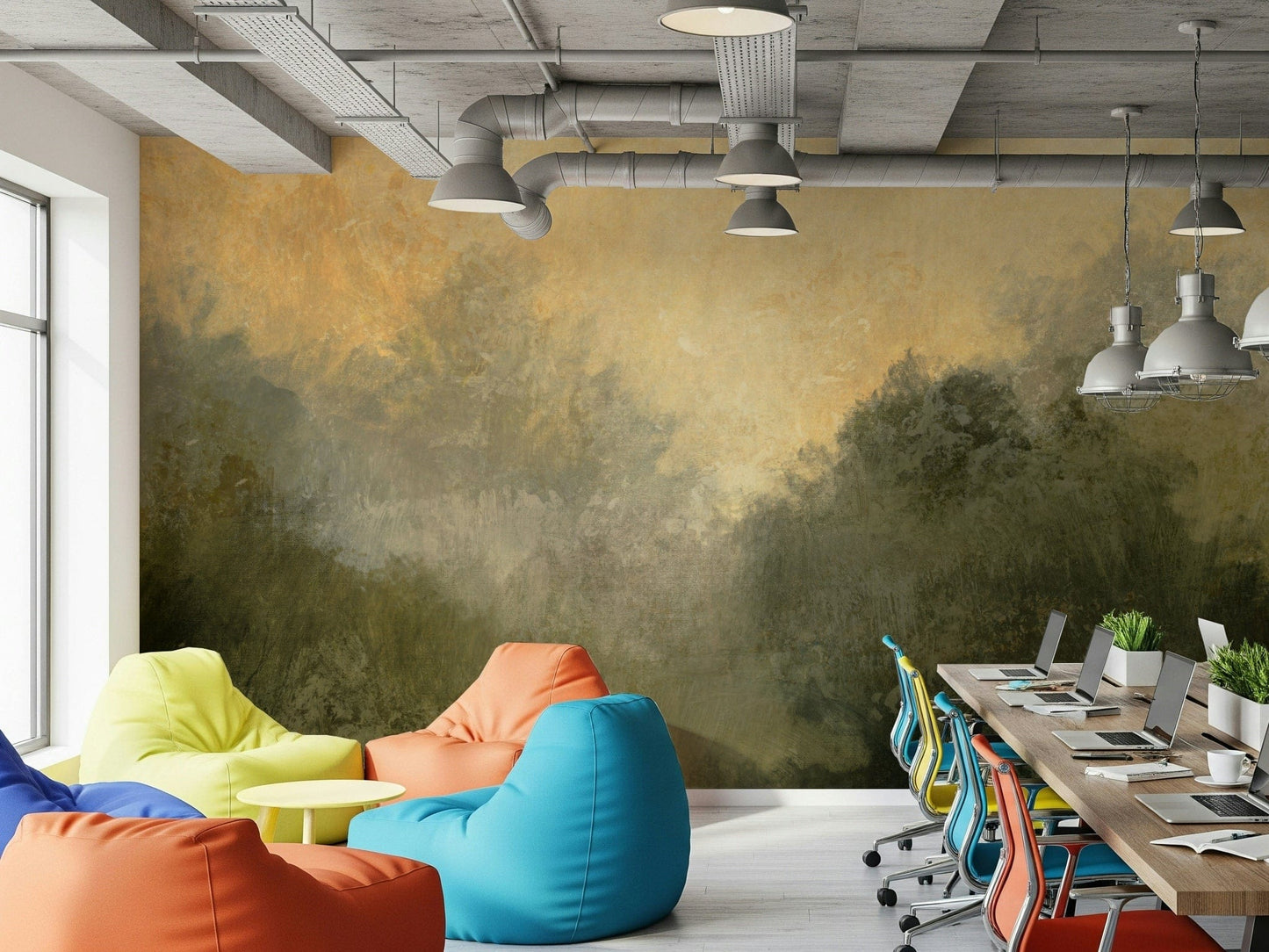 Golden Valley Haze wallpaper mural of an amber-lit valley in an industrial office lounge with colorful bean bag chairs