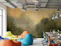 Golden Valley Haze wallpaper mural of an amber-lit valley in an industrial office lounge with colorful bean bag chairs
