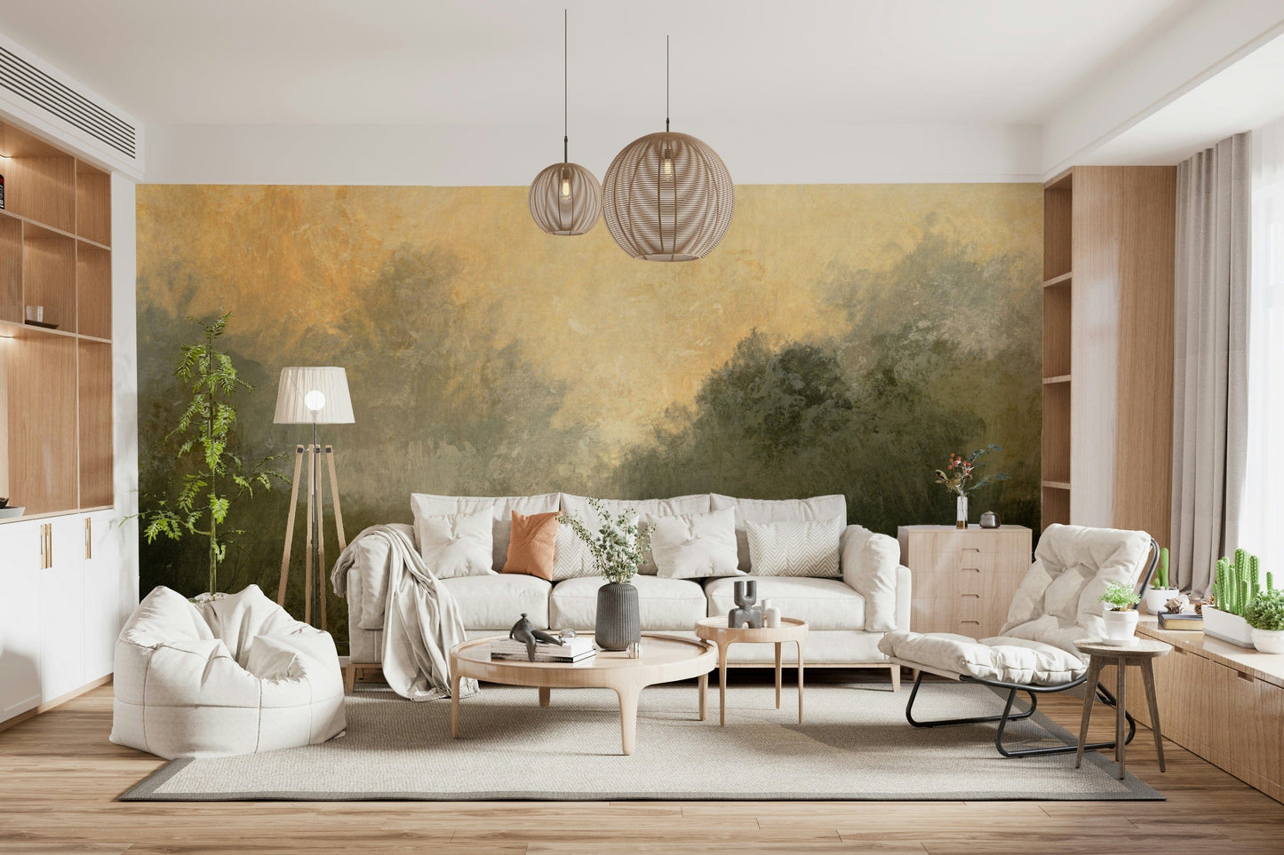 Golden Valley Haze wallpaper mural of an amber hazy valley behind a cream sofa with woven pendants in a living room