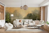 Golden Valley Haze wallpaper mural of an amber hazy valley behind a cream sofa with woven pendants in a living room