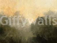 Golden Valley Haze wallpaper mural close-up showing the glowing amber sky and dark misty treetops pattern detail