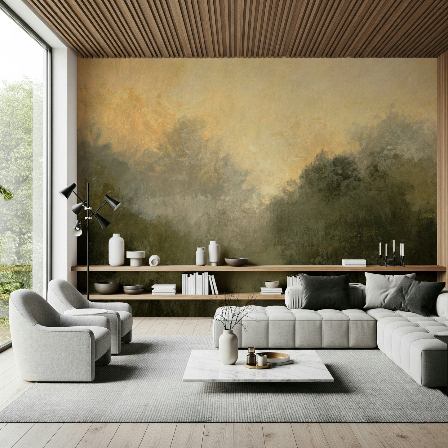 Golden Valley Haze wallpaper mural of a golden valley above a floating shelf and grey sofa in a modern living room