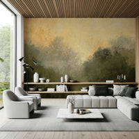 Golden Valley Haze wallpaper mural of a golden valley above a floating shelf and grey sofa in a modern living room