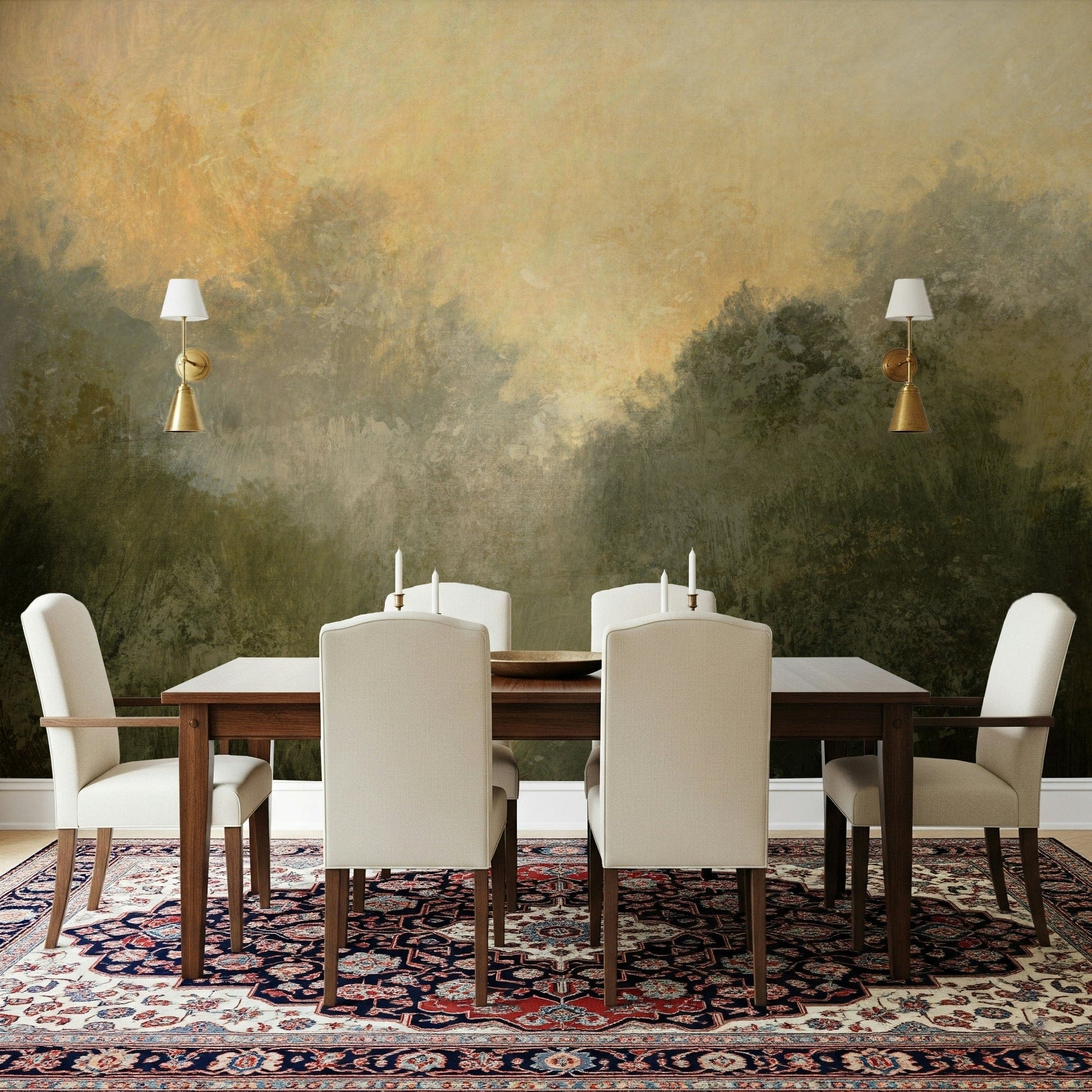 Golden Valley Haze wallpaper mural of a hazy valley in a dining room with a dark wood table and cream chairs