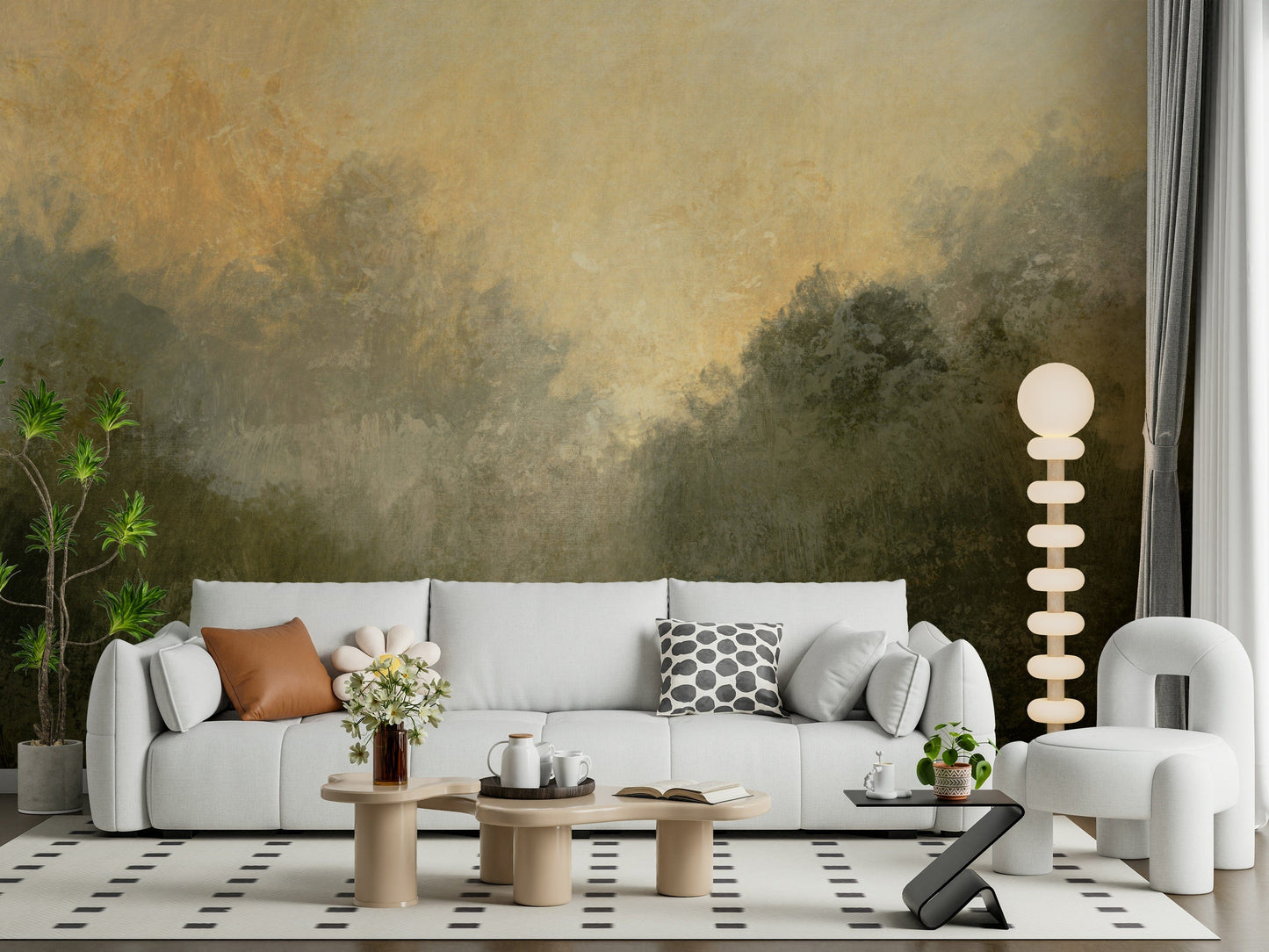 Golden Valley Haze wallpaper mural of golden treetops behind a white sofa with a daisy pillow in a bright living room