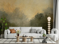 Golden Valley Haze wallpaper mural of golden treetops behind a white sofa with a daisy pillow in a bright living room