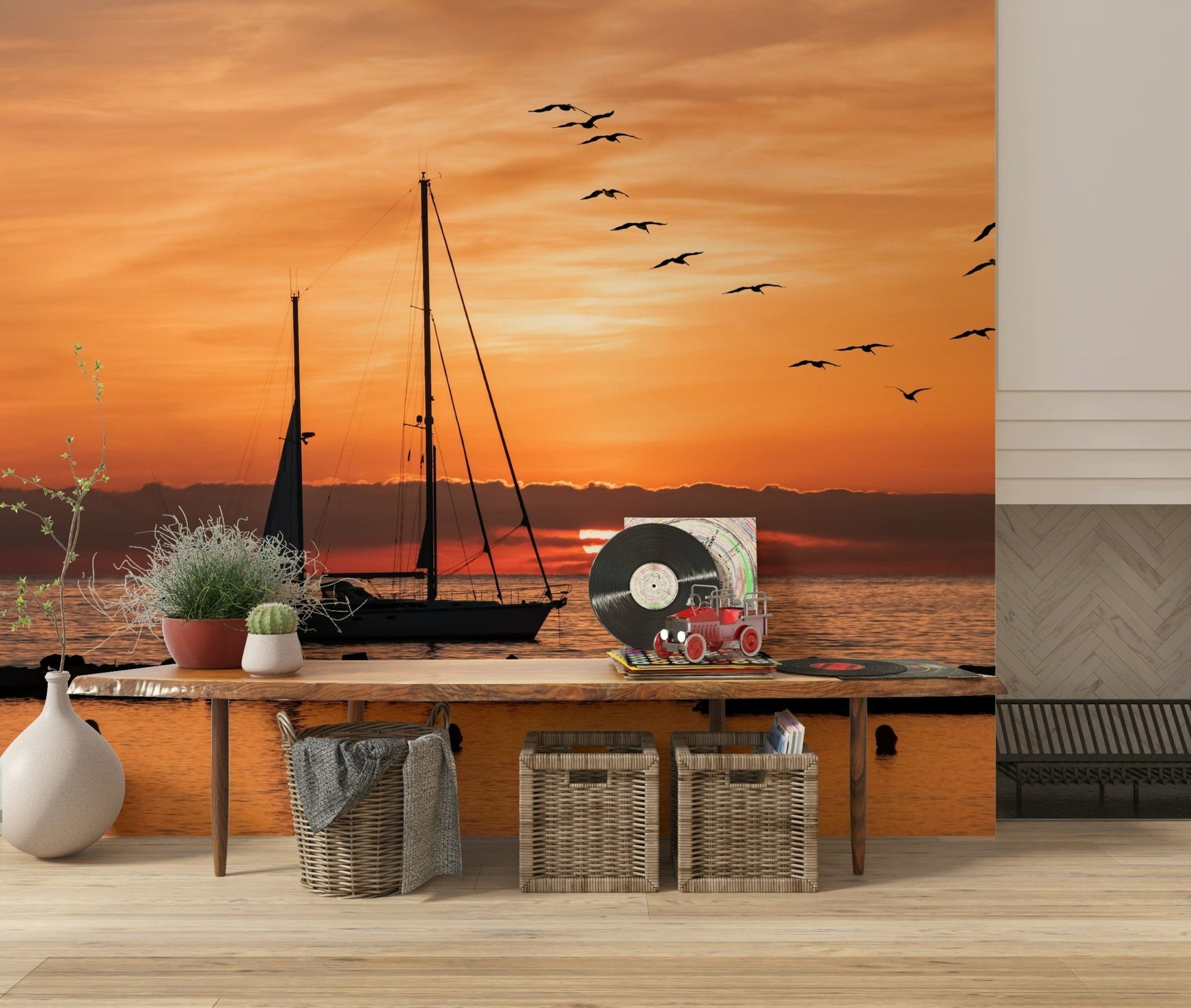 Sailboat Golden Horizon cityscape mural warm sunset glow birds pattern.