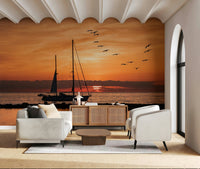 Golden Horizon wall poster sailboat water ripples warm light marine scene.