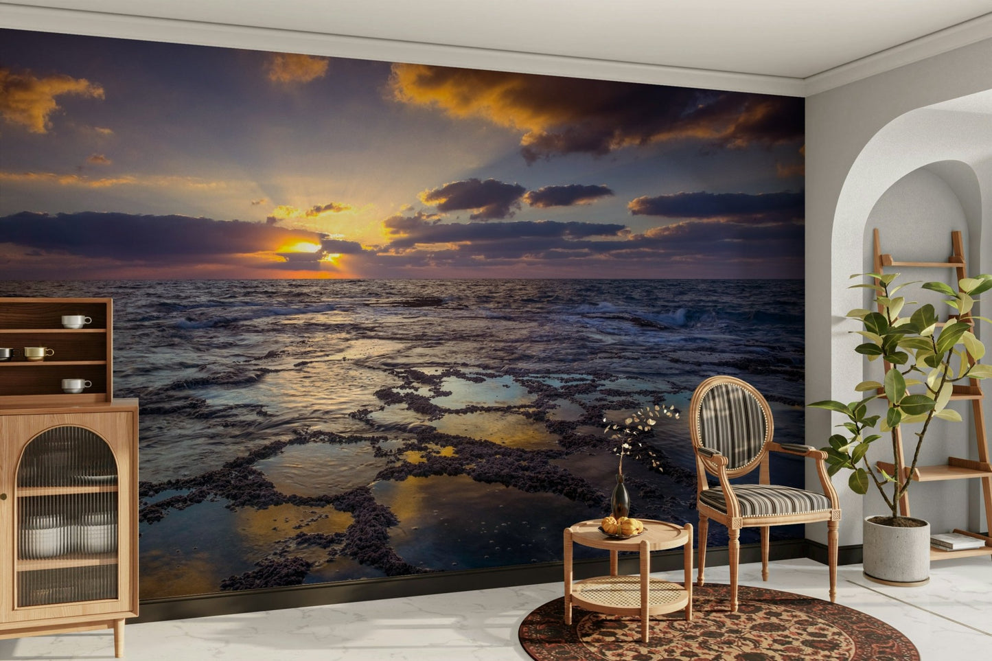 Self adhesive ocean wallpaper for wall in a bright, airy sunroom.
