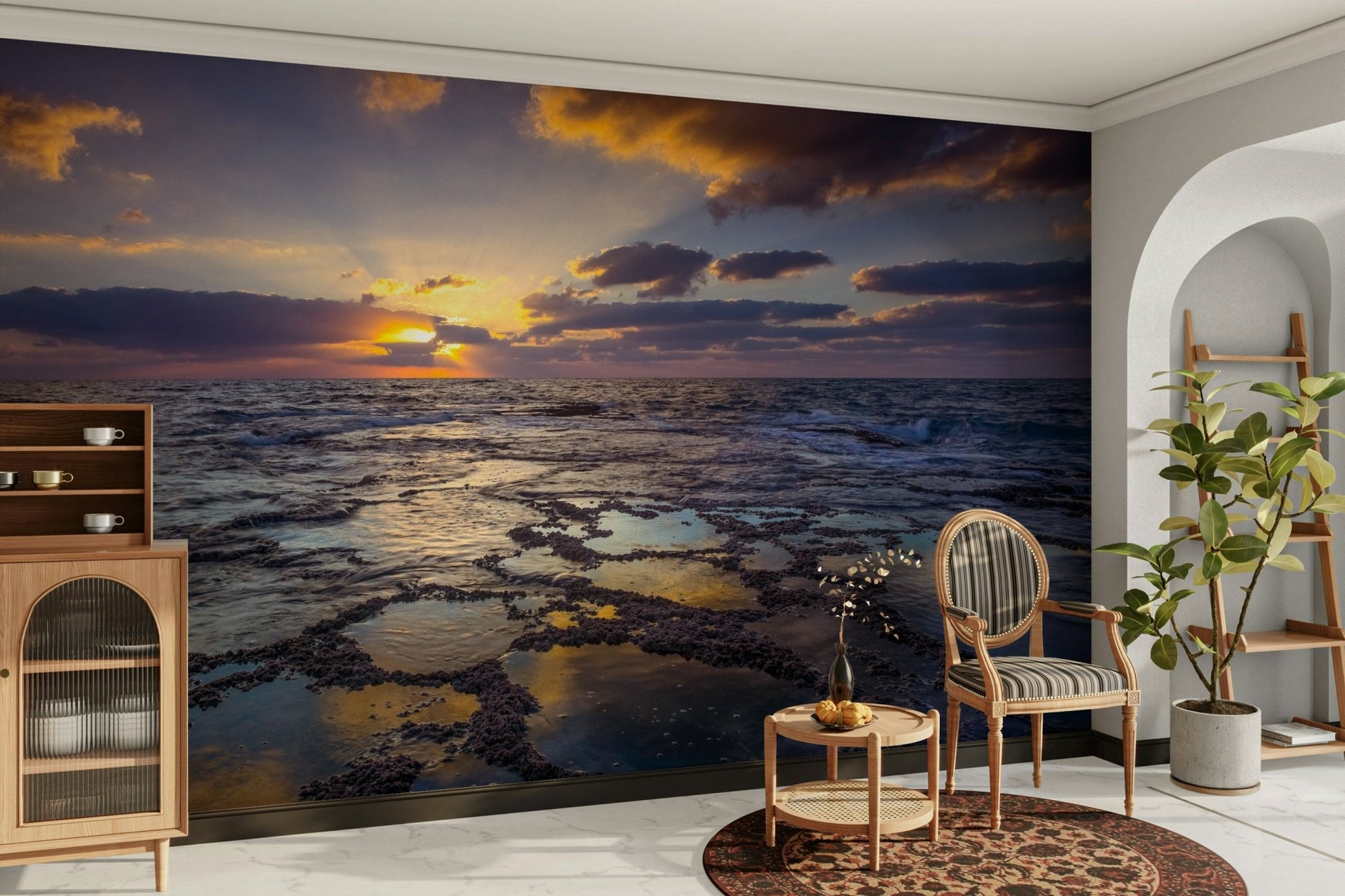 Self adhesive ocean wallpaper for wall in a bright, airy sunroom.
