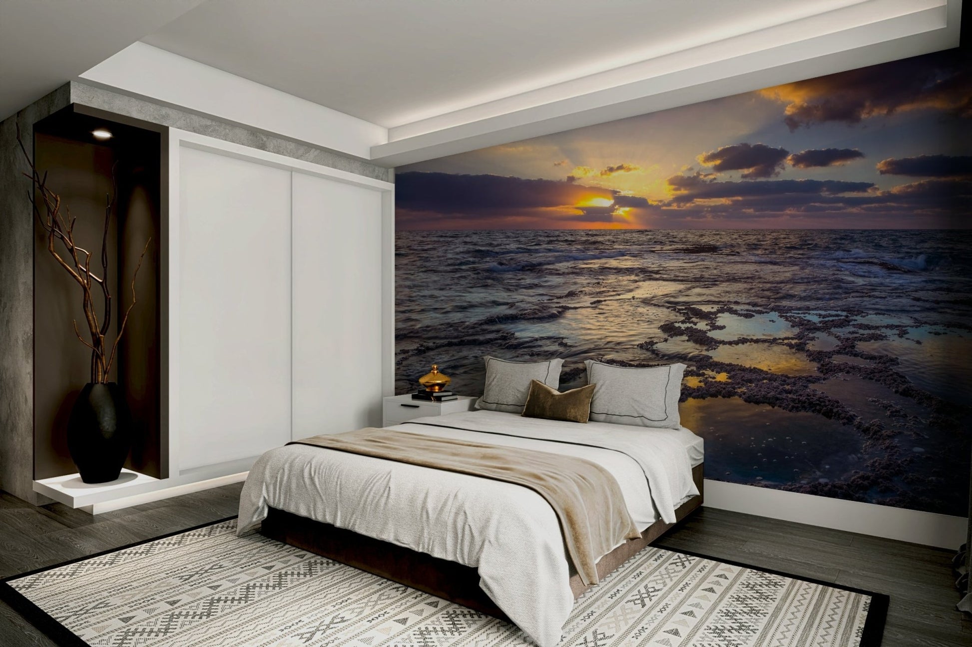 Removable Golden Hour mural on a standard material in a beach house bedroom.

