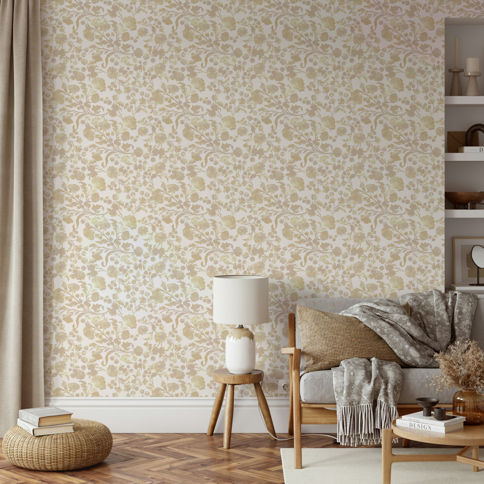 Blooming flowers wallpaper in golden sunset hues

