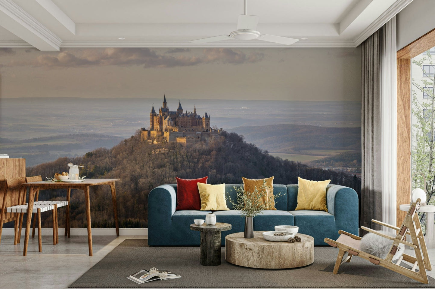 A wide-angle view of a wall mural showing an ancient, sunlit citadel.
