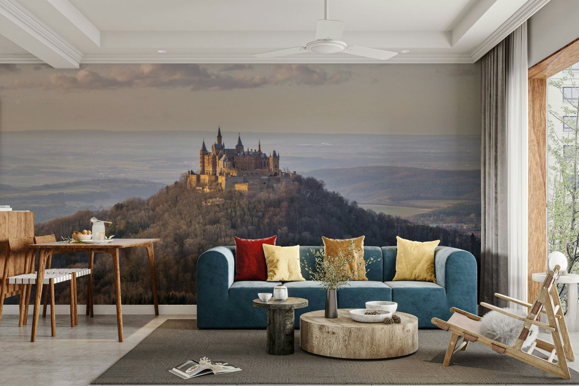 A wide-angle view of a wall mural showing an ancient, sunlit citadel.
