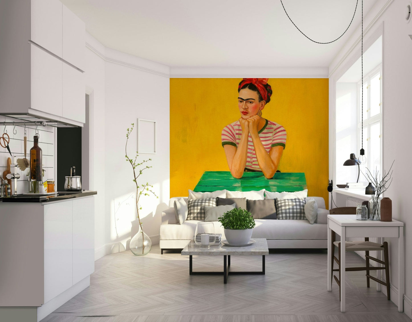 Warm, artistic mural with golden light and shadows

