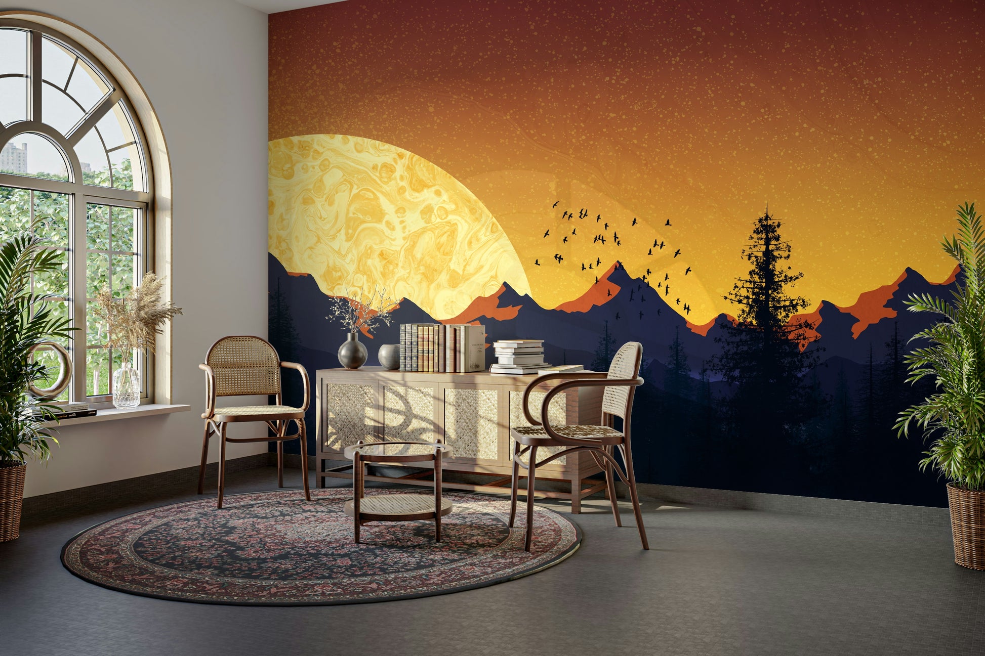 Sunset-streaked sky in nature wallpaper for serene interiors

