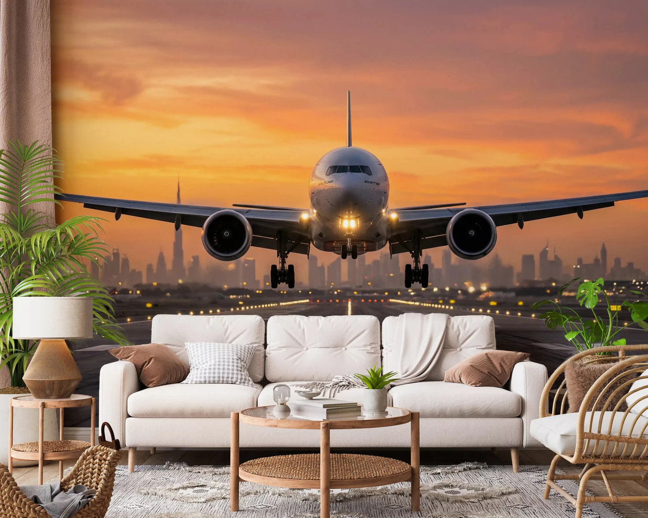 Dramatic Golden Hour Flight airplane mural in living room