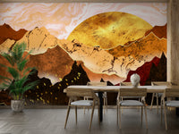 Bedroom accent wall wallpaper with golden hour mountains, soft neutral color