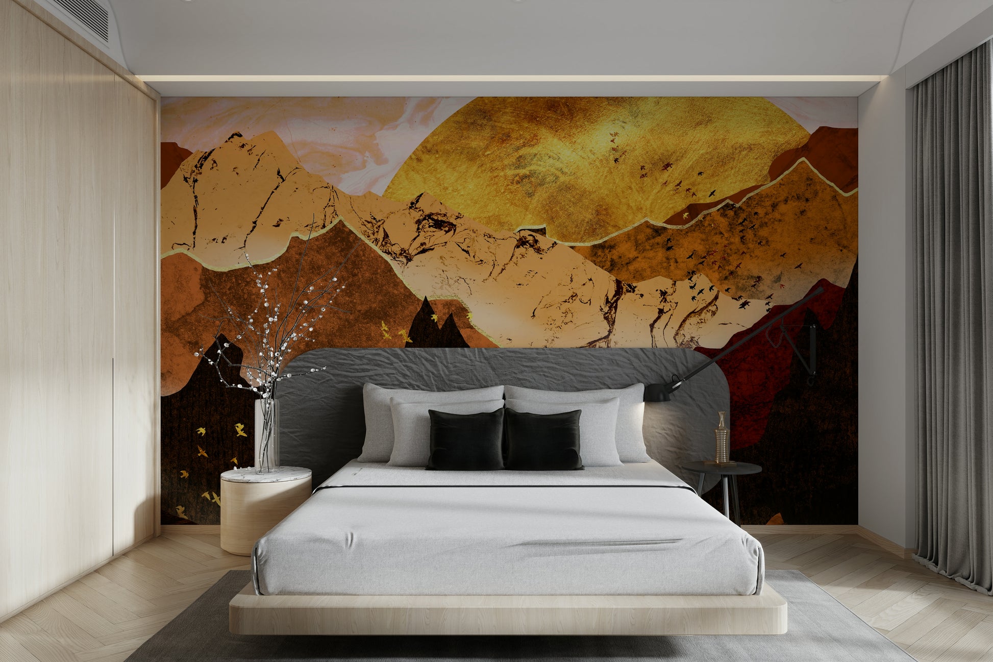 Bedroom headboard feature wall wallpaper, calm mountain scene in warm color