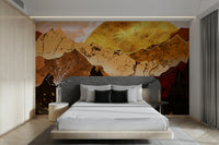 Bedroom headboard feature wall wallpaper, calm mountain scene in warm color