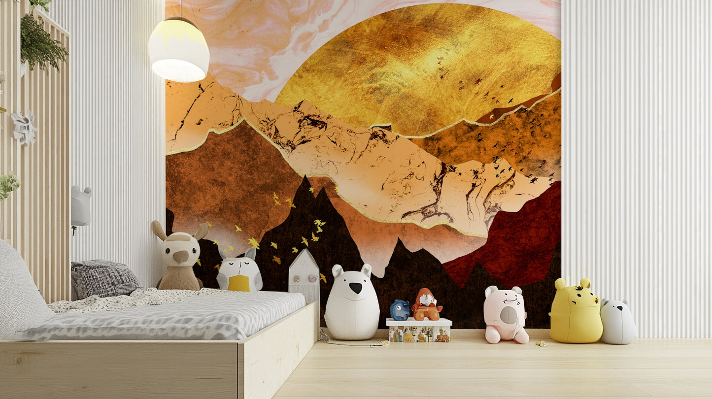 Home office accent wall wallpaper, landscape mountains with golden hour glow