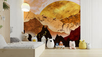 Home office accent wall wallpaper, landscape mountains with golden hour glow