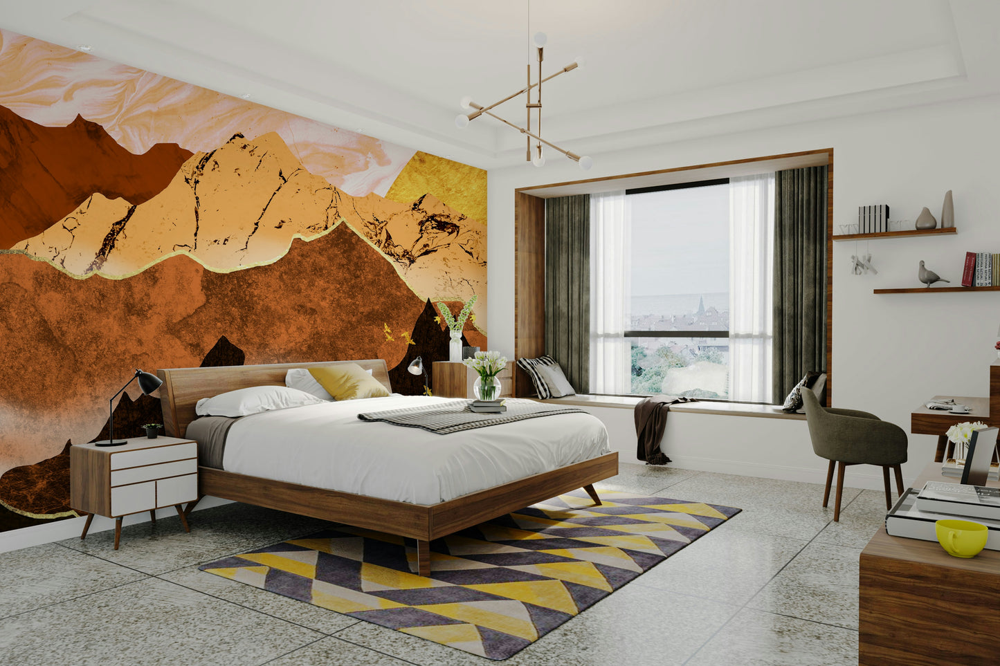 Golden Hour Mountains Wallpaper behind sofa, modern feature wall decor