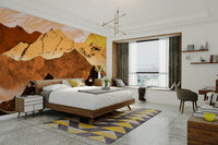 Golden Hour Mountains Wallpaper behind sofa, modern feature wall decor