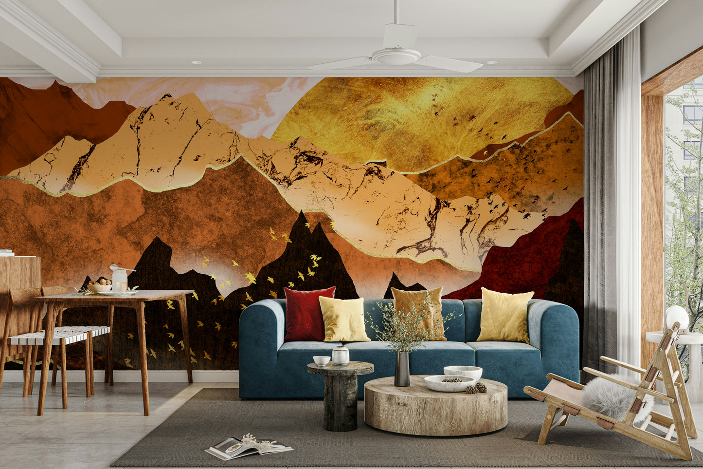 Living room full wall wallpaper, layered mountains in warm beige and gold tones