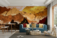 Living room full wall wallpaper, layered mountains in warm beige and gold tones