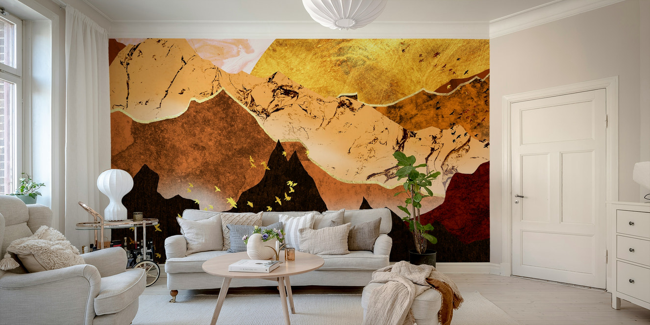 Modern mountain wallpaper in living room feature wall, warm sunset color tones