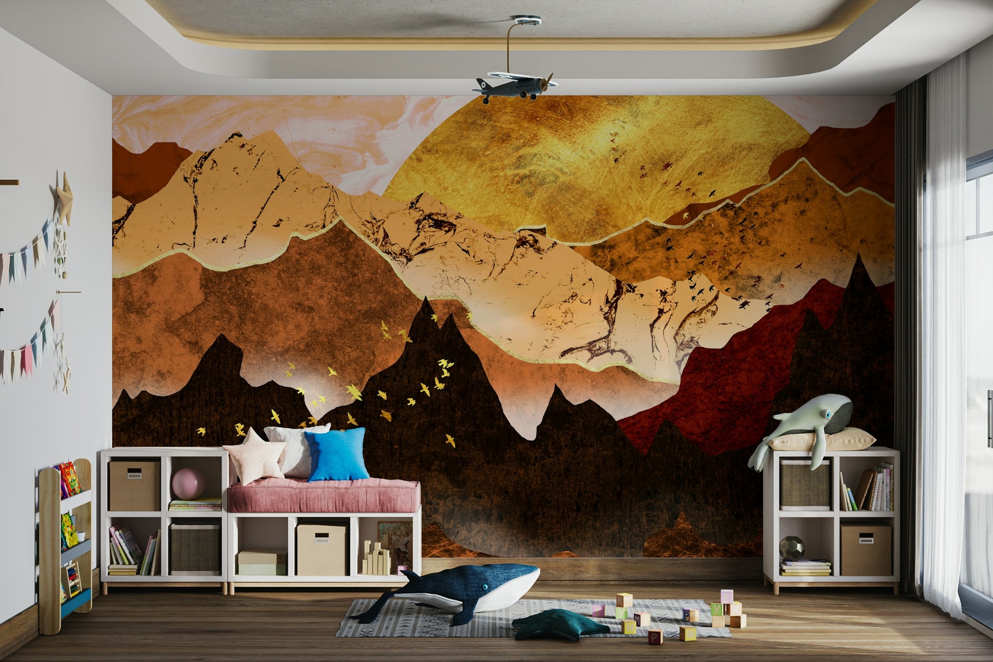 Golden Hour Mountains Wallpaper in entryway feature wall, warm scenic look