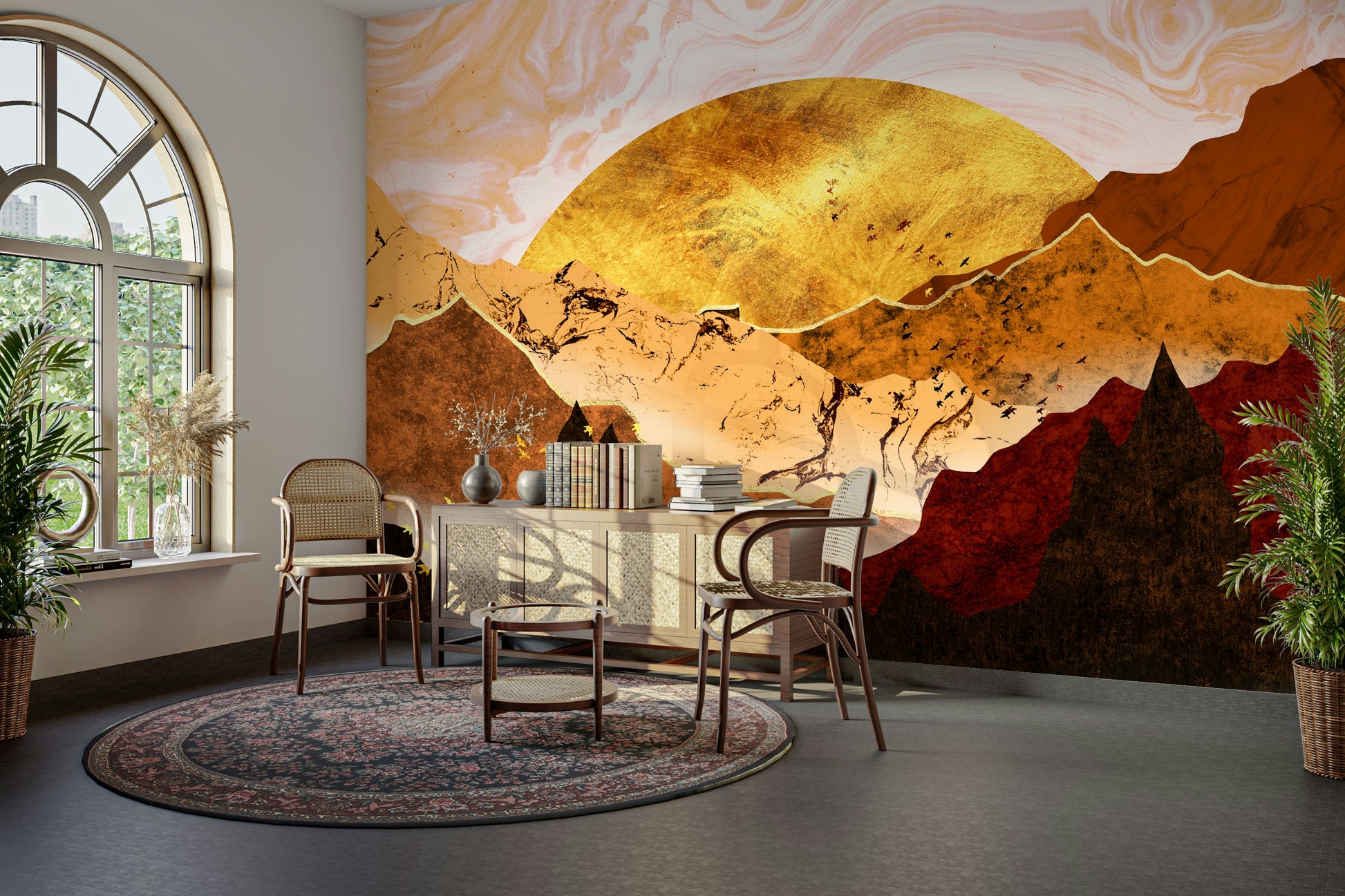 Hallway accent wall wallpaper, misty mountains with golden light color detail