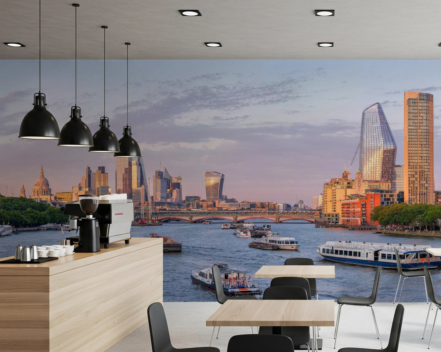 Dining area wall featuring Golden Hour on the Thames wall mural.