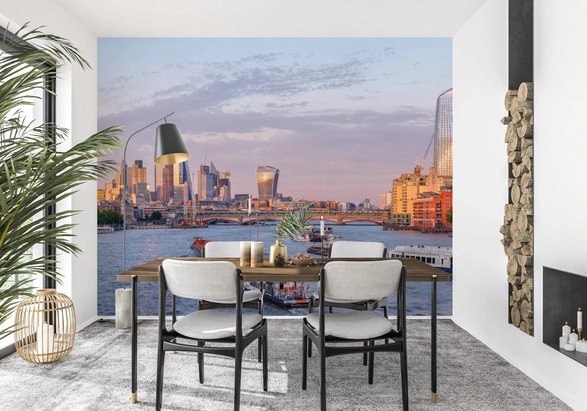 The London skyline at dusk depicted in this Golden Hour on the Thames wallpaper.