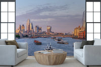 Golden Hour on the Thames wall mural with modern architecture and boats.