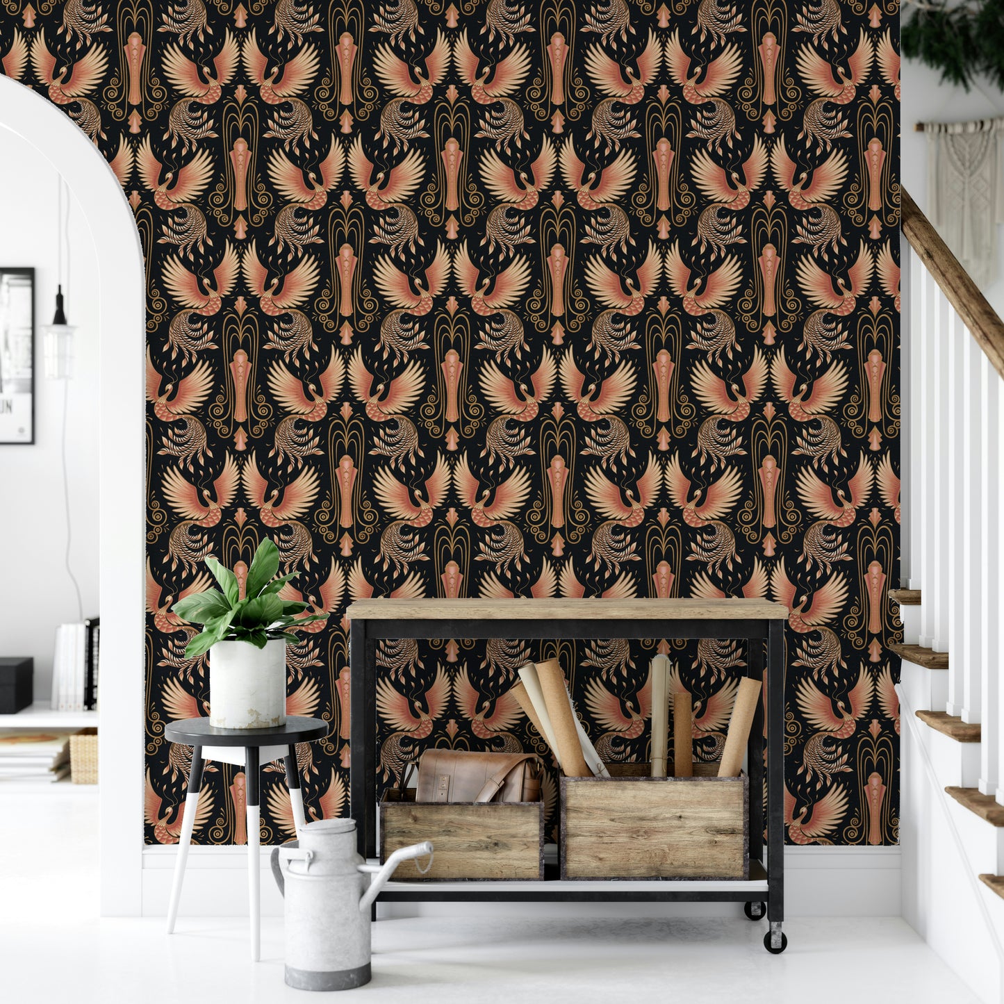 Bold golden hour phoenix mural for home décor

