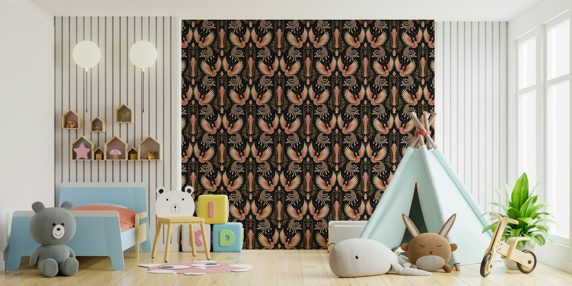 Majestic phoenix wall mural in golden tones

