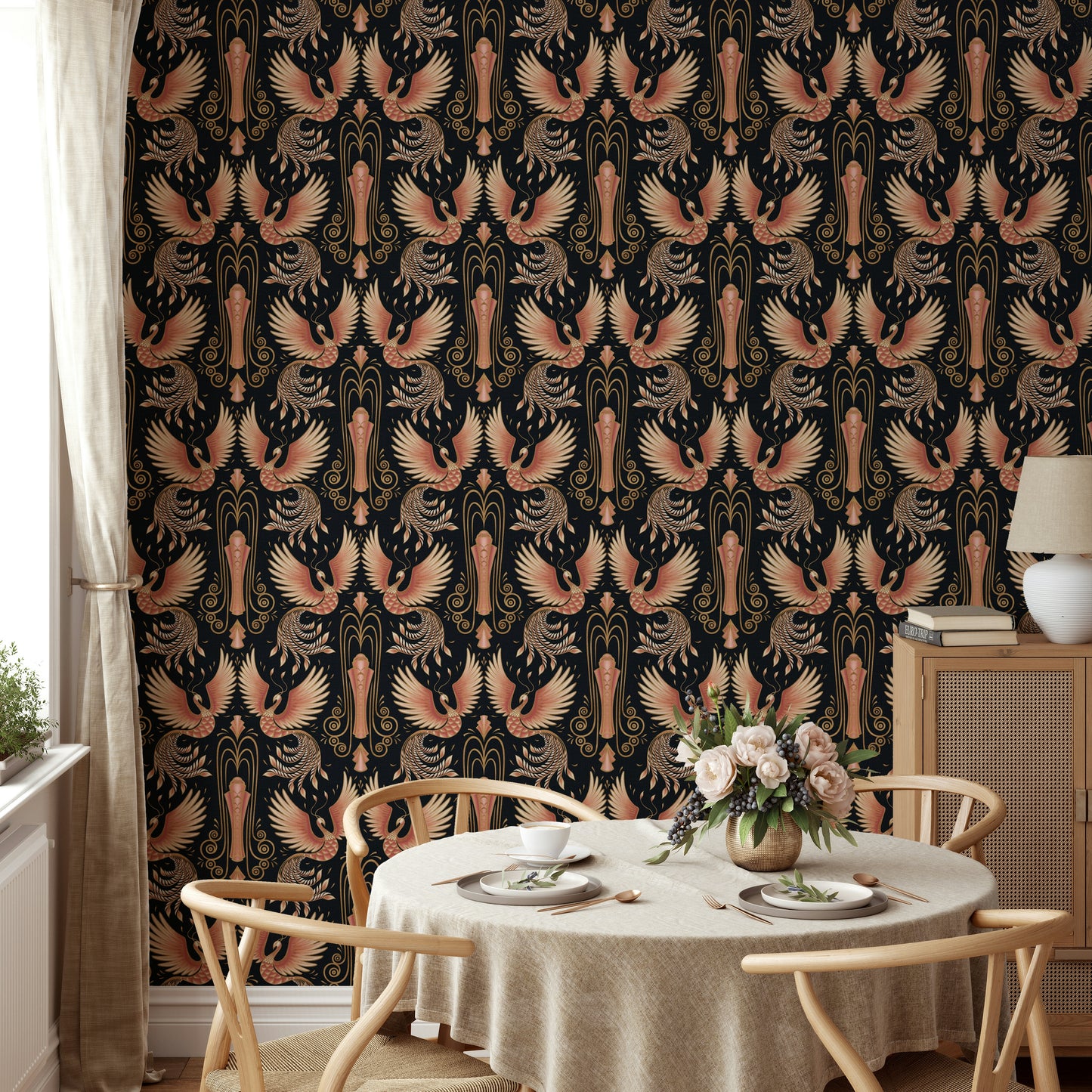 Golden hour-inspired phoenix wall mural design

