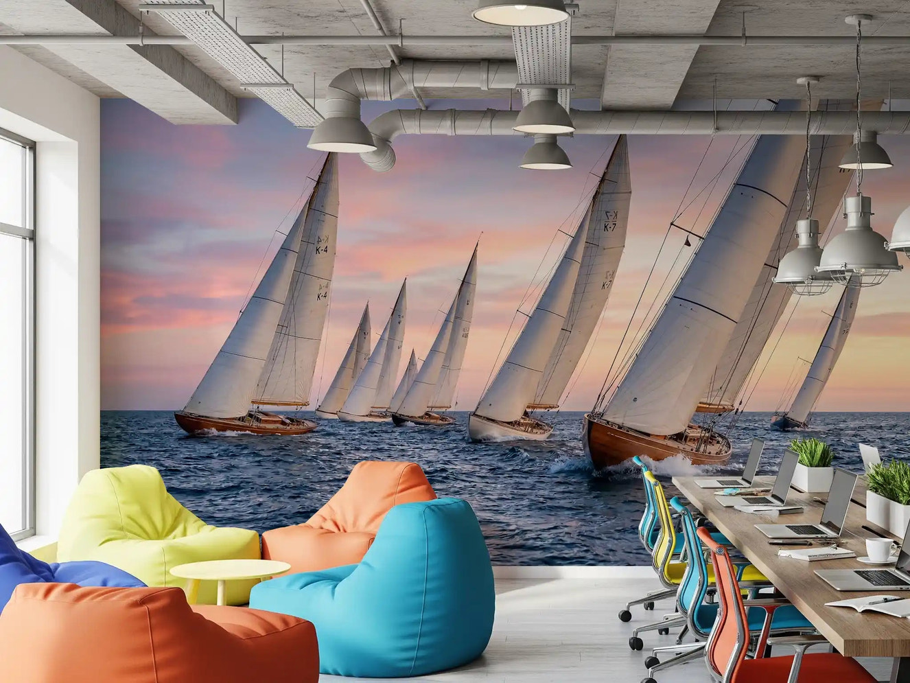 office with nautical wall mural and racing sailboats
