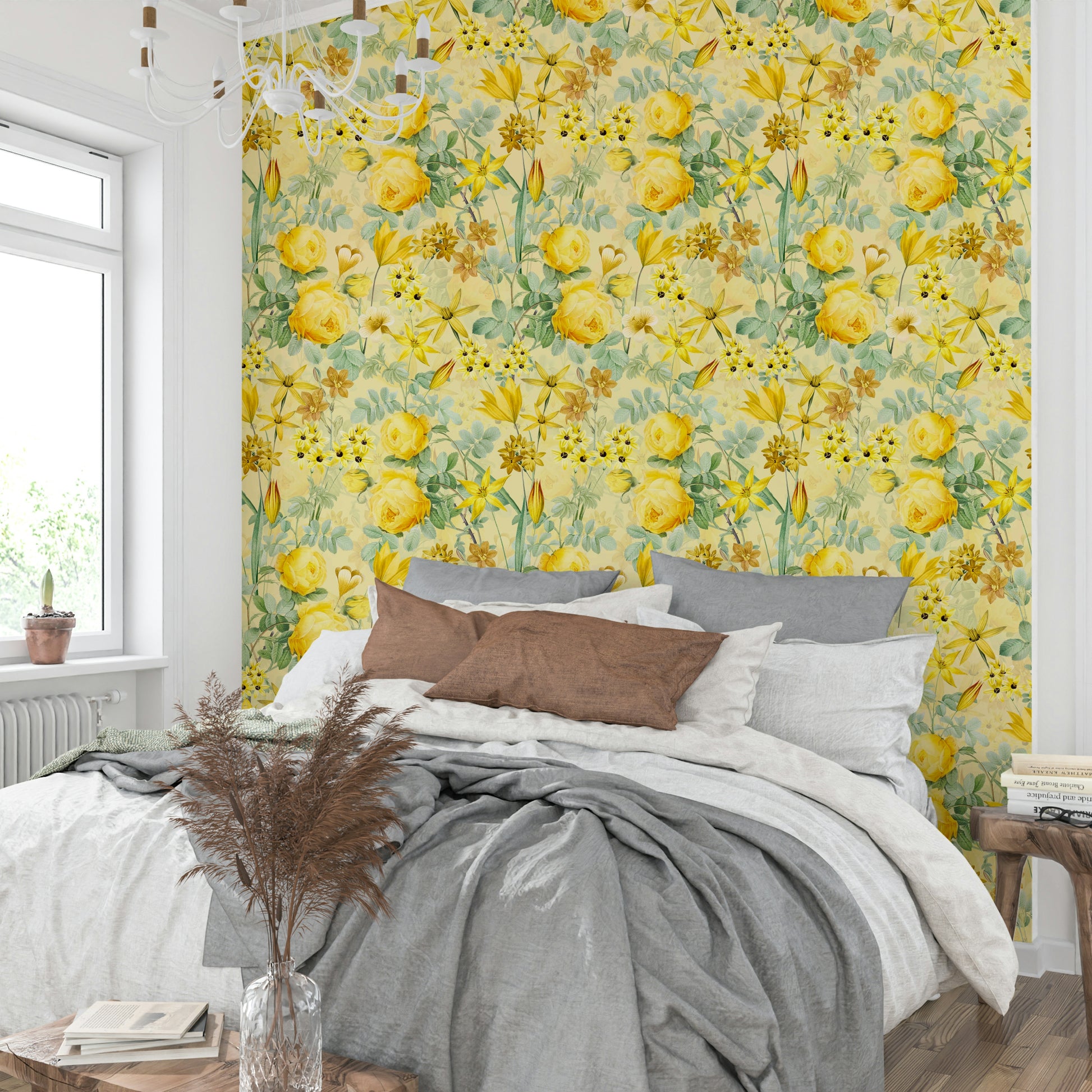 Peel and stick floral mural with golden hour roses

