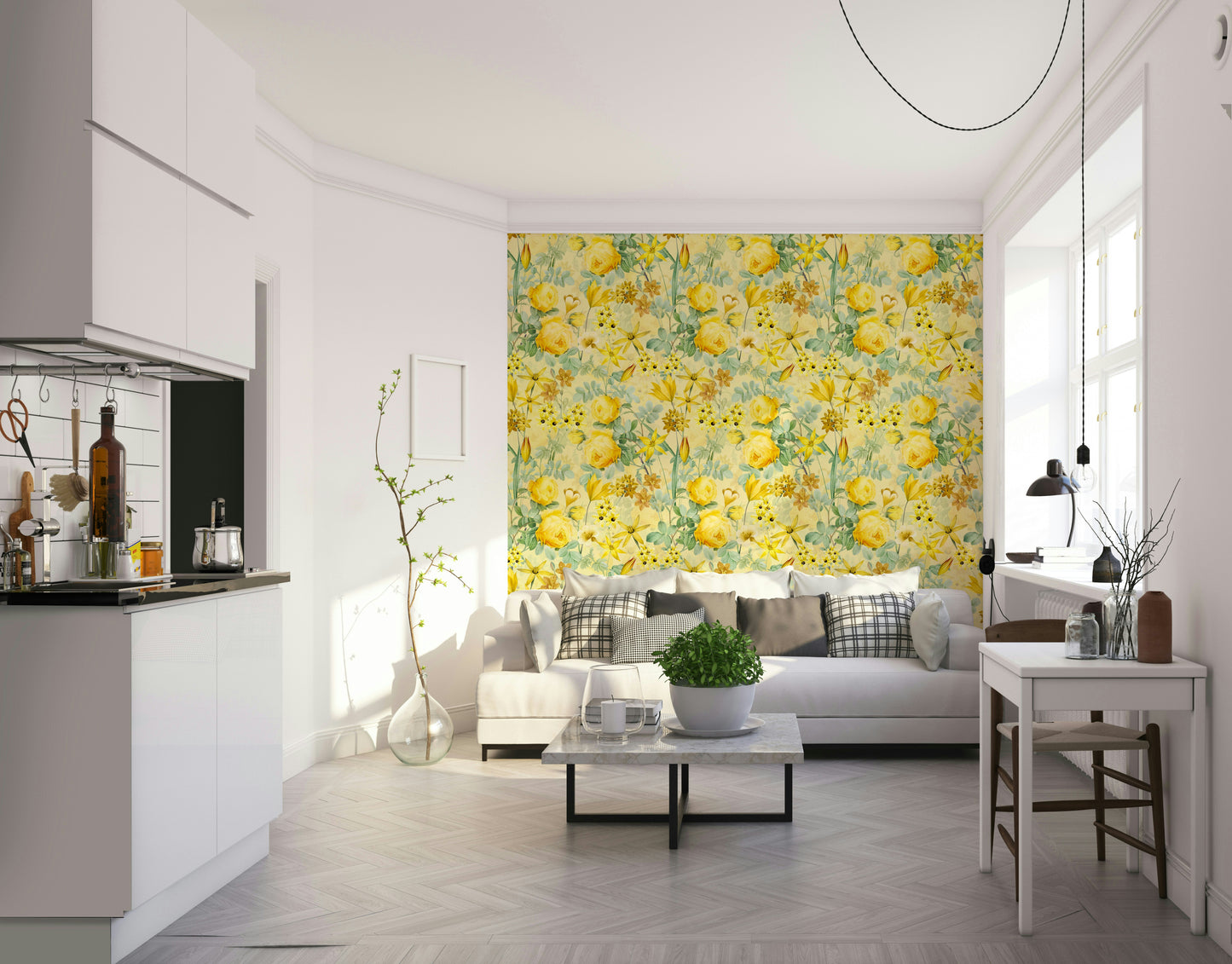 Soft floral mural with rose blooms in golden light

