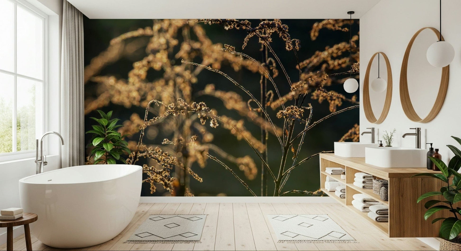 Nature flora photography wallpaper behind sofa, soft gold light, modern wall decor