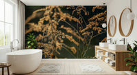 Nature flora photography wallpaper behind sofa, soft gold light, modern wall decor
